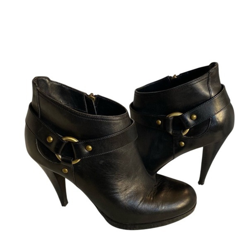 Cole Haan Black Leather Stiletto Ankle Boots Brass Hardware Womens Size 8B